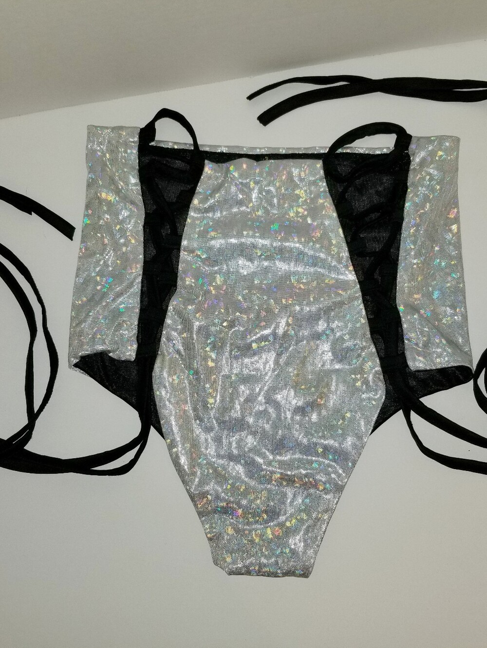 Silver Black Cheeky Booty Shorts Bathing Suit Dance Wear Sparkle Tie Up  2XL